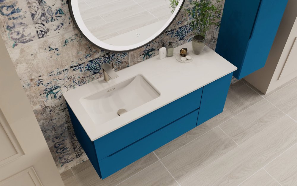 48" Blue Wood Floating Bathroom Vanity With White Sink And Two Drawers