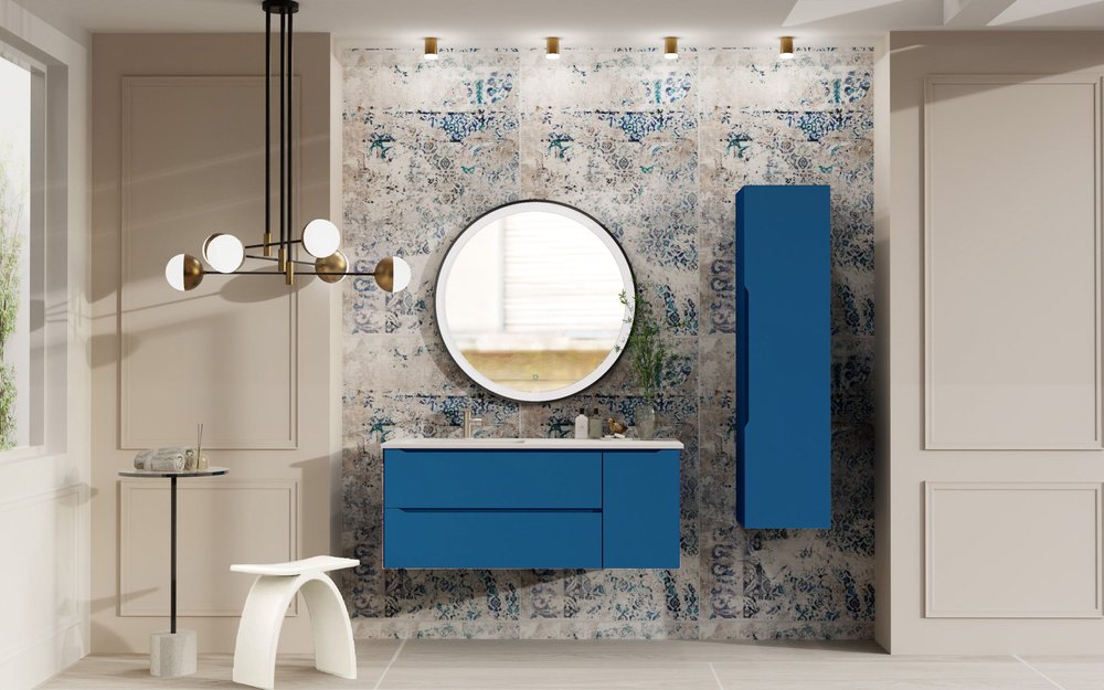 48" Blue Wood Floating Bathroom Vanity With White Sink And Two Drawers