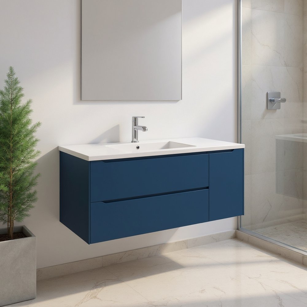 48" Blue Wood Floating Bathroom Vanity With White Sink And Two Drawers