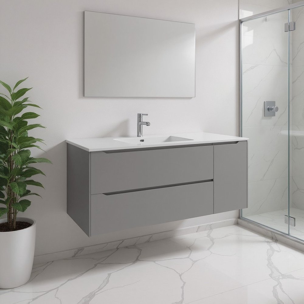 48" Gray Wood Floating Bathroom Vanity With White Sink And Two Drawers