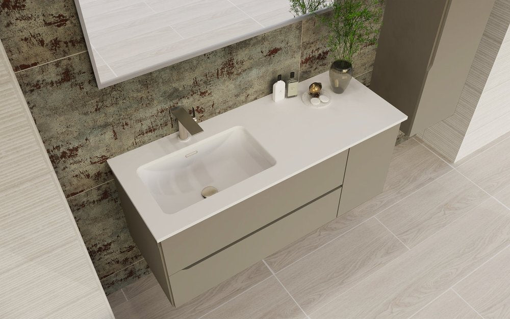 48" Taupe Wood Floating Bathroom Vanity With White Sink And Two Drawers