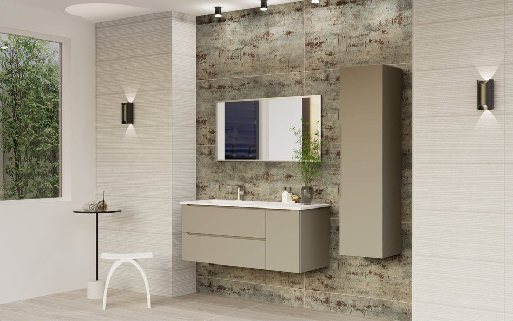 48" Taupe Wood Floating Bathroom Vanity With White Sink And Two Drawers