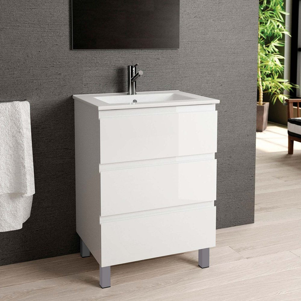 24" White Wood Freestanding Bathroom Vanity With White Sink And Three Drawers