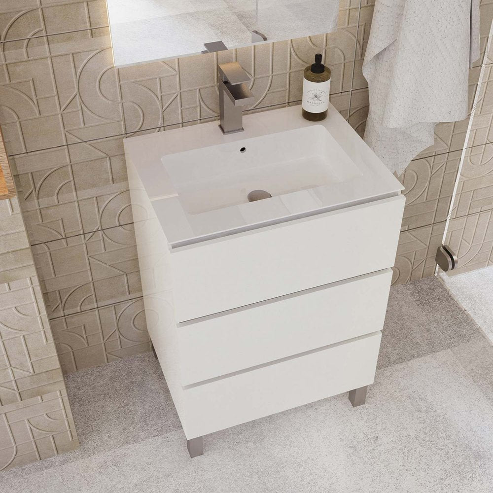 24" White Wood Freestanding Bathroom Vanity With White Sink And Three Drawers