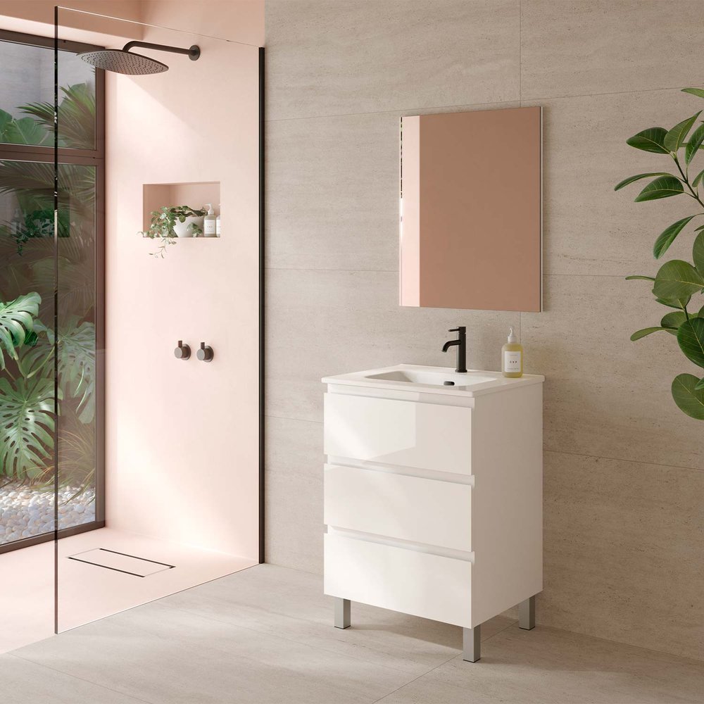 24" White Wood Freestanding Bathroom Vanity With White Sink And Three Drawers