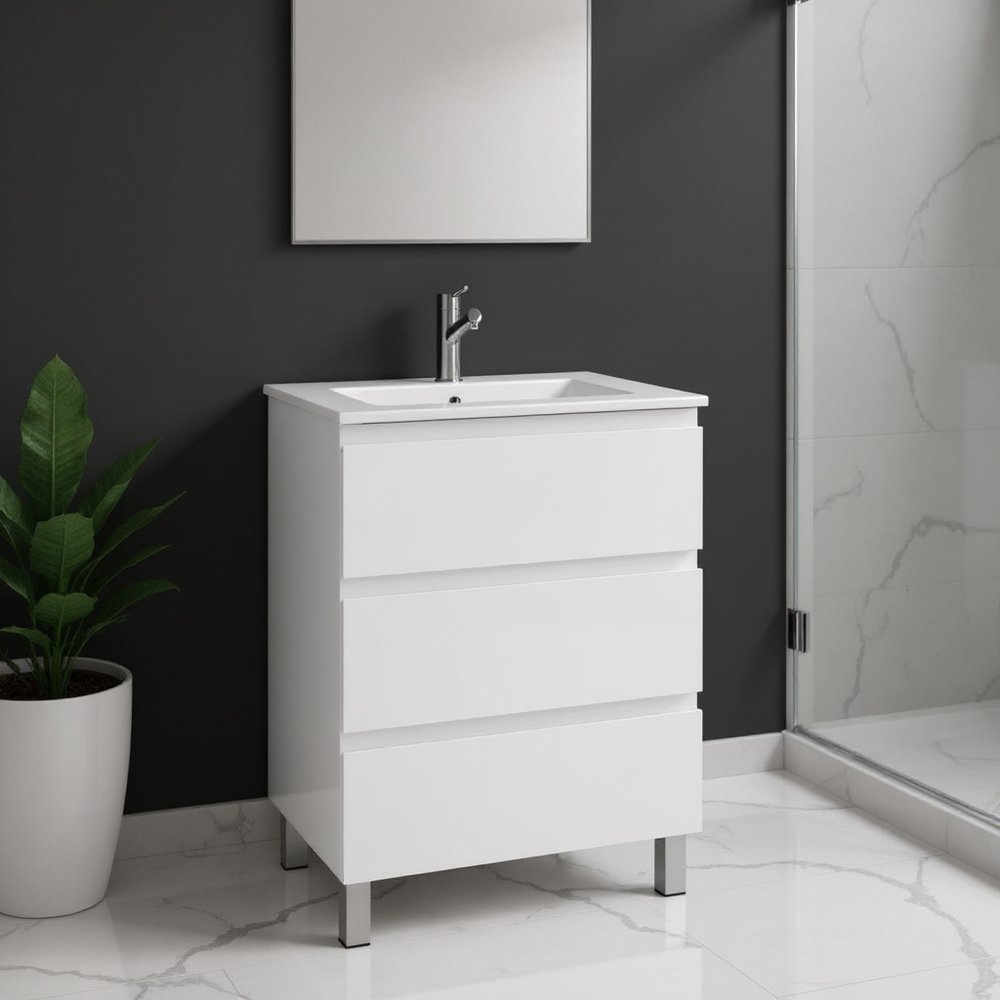 24" White Wood Freestanding Bathroom Vanity With White Sink And Three Drawers