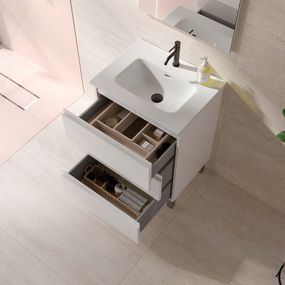 24" White Wood Freestanding Bathroom Vanity With White Sink And Three Drawers