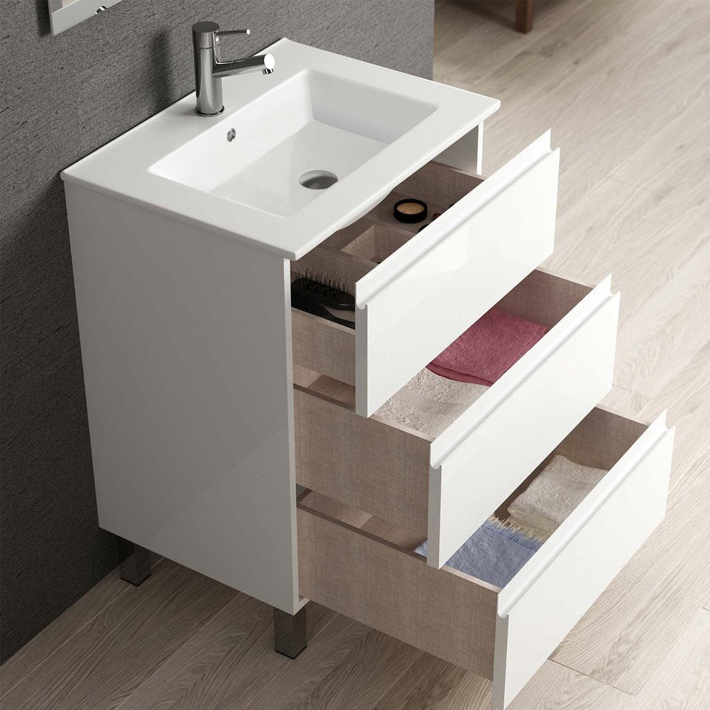 24" White Wood Freestanding Bathroom Vanity With White Sink And Three Drawers