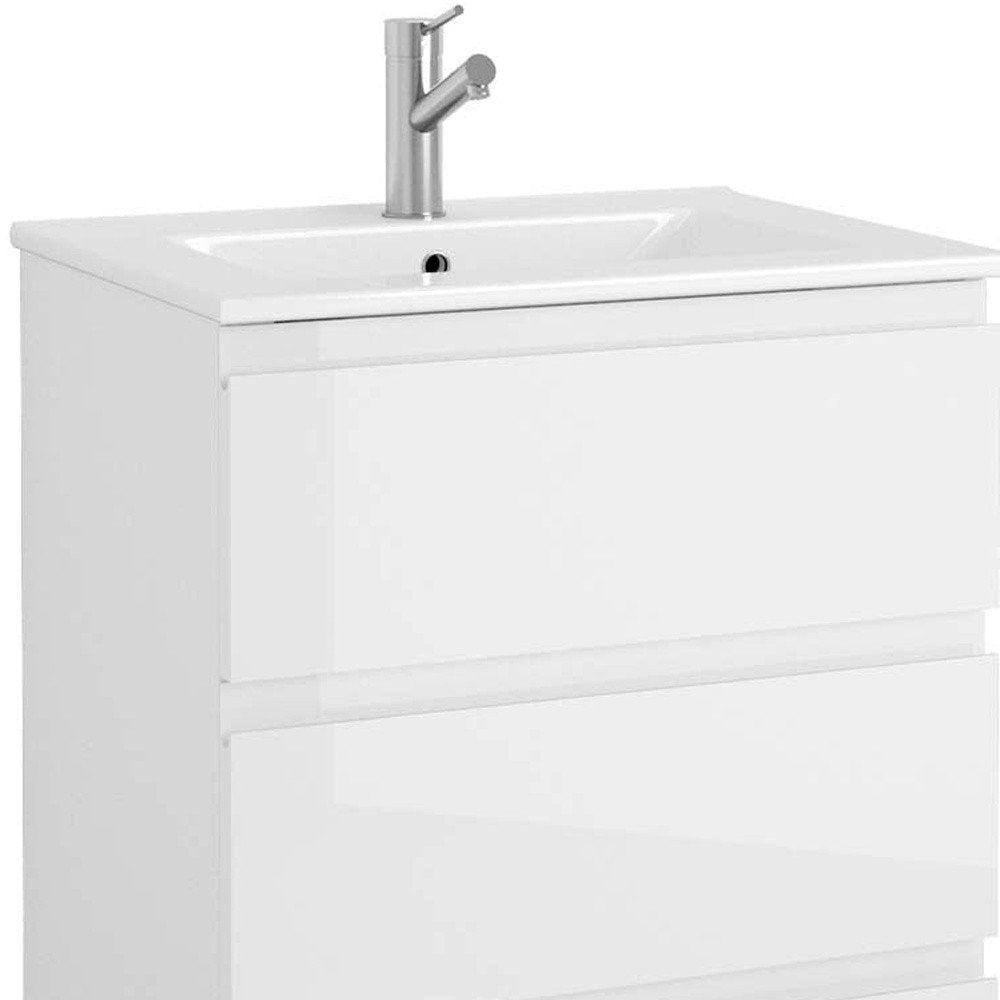 24" White Wood Freestanding Bathroom Vanity With White Sink And Three Drawers