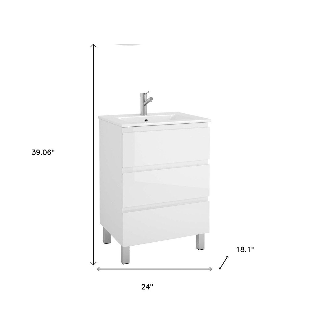 24" White Wood Freestanding Bathroom Vanity With White Sink And Three Drawers