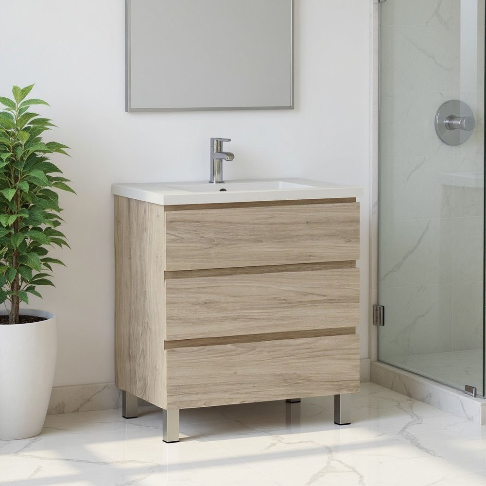 24" Natural Wood Freestanding Bathroom Vanity With White Sink And Three Drawers