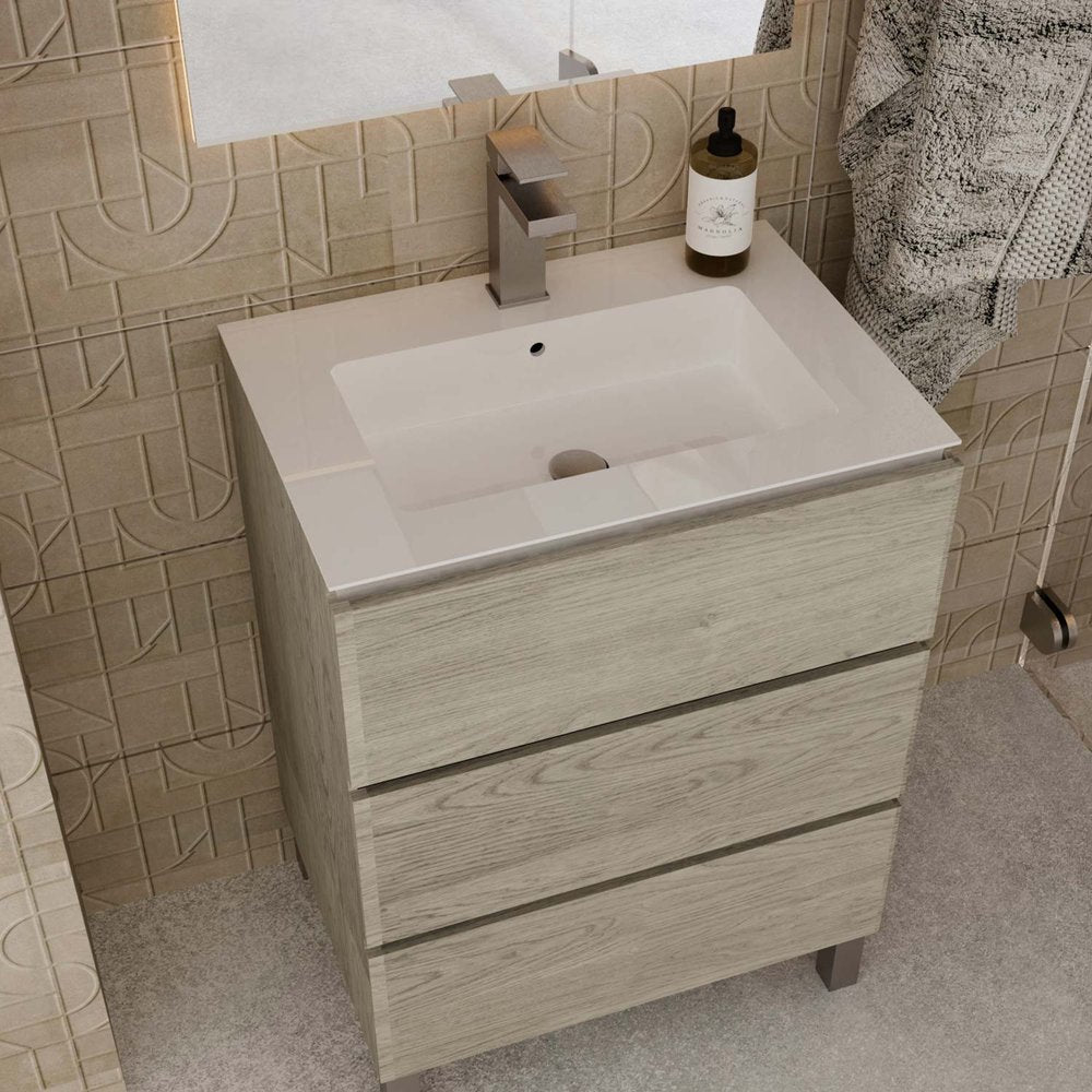 24" Natural Wood Freestanding Bathroom Vanity With White Sink And Three Drawers