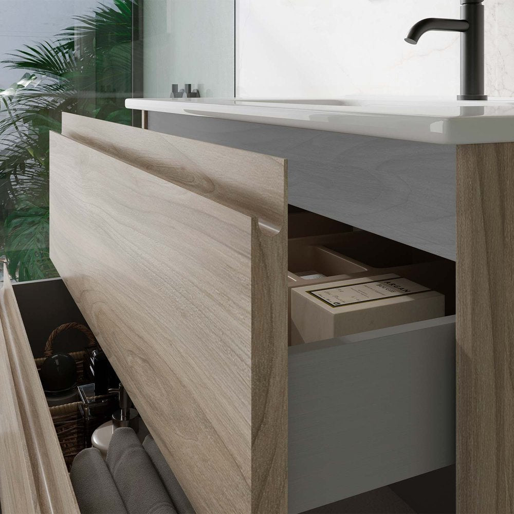 24" Natural Wood Freestanding Bathroom Vanity With White Sink And Three Drawers