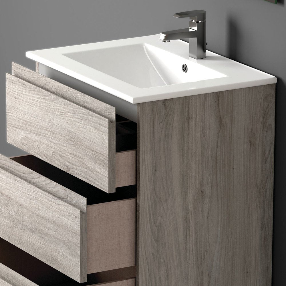 24" Natural Wood Freestanding Bathroom Vanity With White Sink And Three Drawers