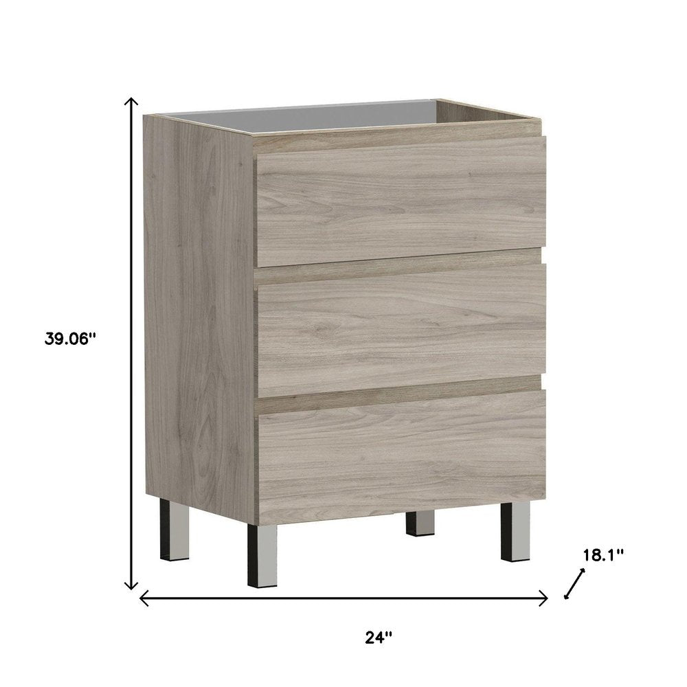 24" Natural Wood Freestanding Bathroom Vanity With White Sink And Three Drawers