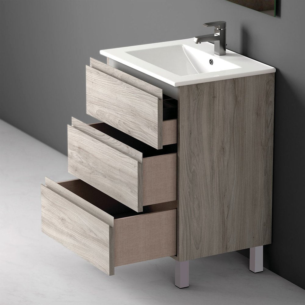 24" Natural Wood Freestanding Bathroom Vanity With White Sink And Three Drawers