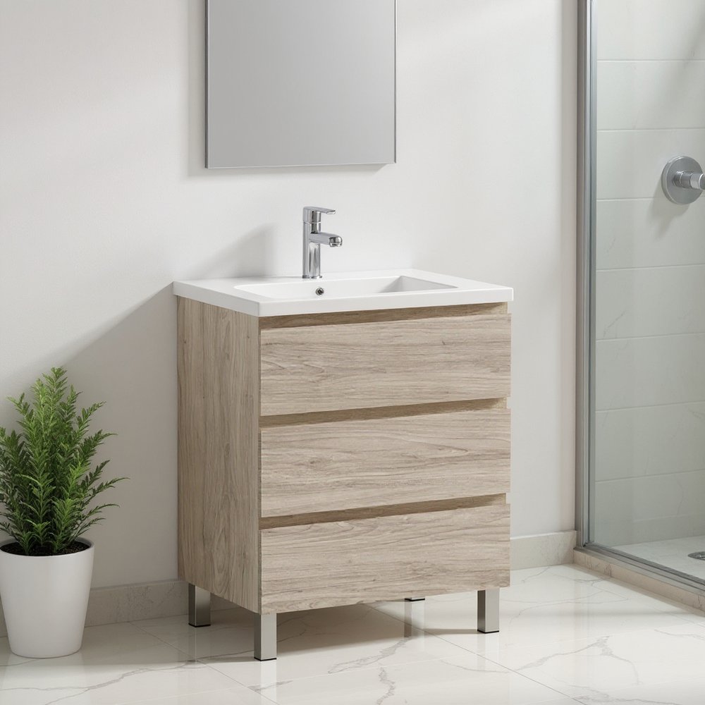 24" Natural Wood Freestanding Bathroom Vanity With White Sink And Three Drawers