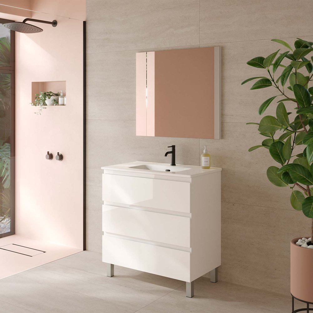 28" White Wood Freestanding Bathroom Vanity With White Sink And Three Drawers