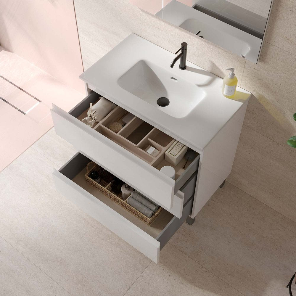 28" White Wood Freestanding Bathroom Vanity With White Sink And Three Drawers