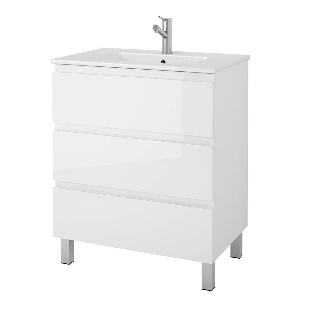 28" White Wood Freestanding Bathroom Vanity With White Sink And Three Drawers