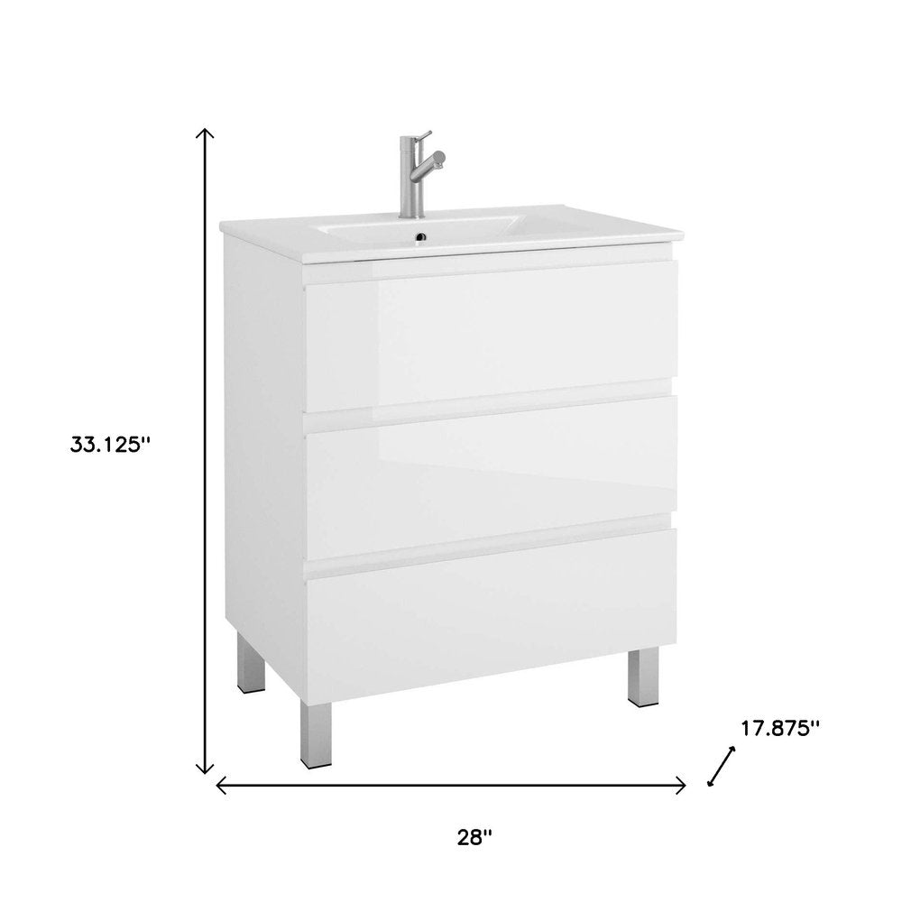 28" White Wood Freestanding Bathroom Vanity With White Sink And Three Drawers