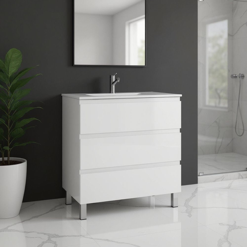 28" White Wood Freestanding Bathroom Vanity With White Sink And Three Drawers