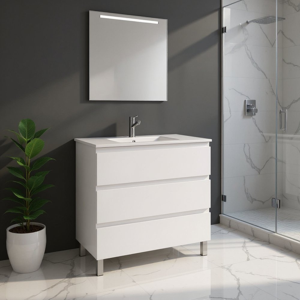 32" White Wood Freestanding Bathroom Vanity With White Sink And Three Drawers