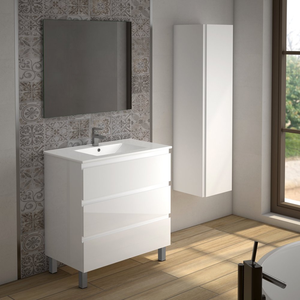 32" White Wood Freestanding Bathroom Vanity With White Sink And Three Drawers