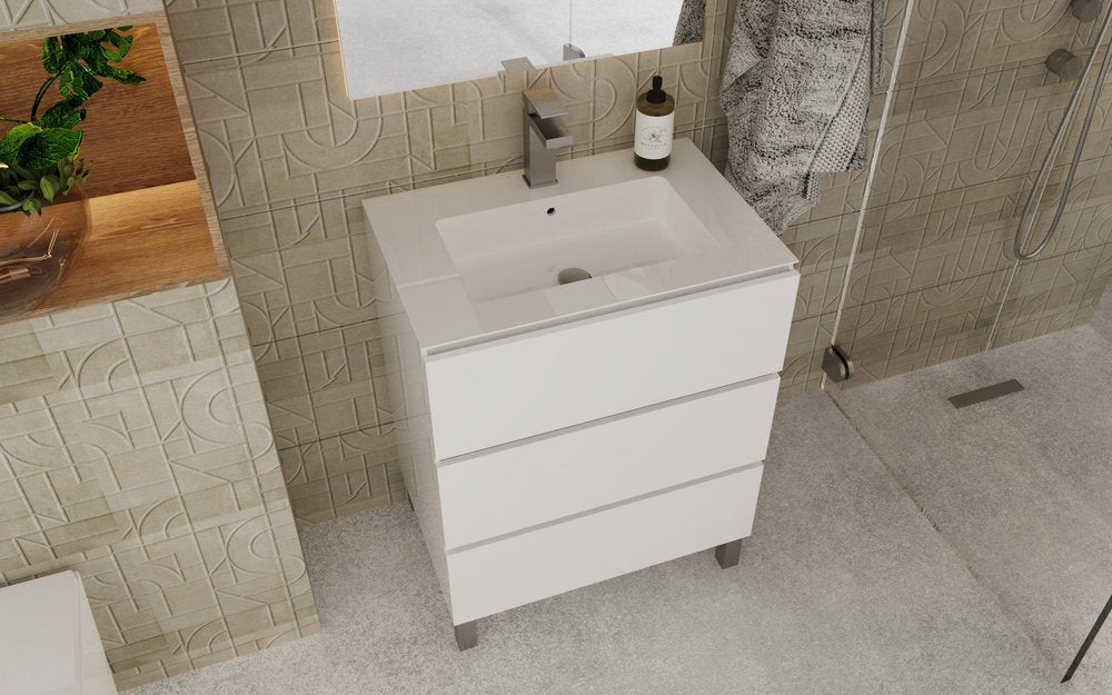 32" White Wood Freestanding Bathroom Vanity With White Sink And Three Drawers