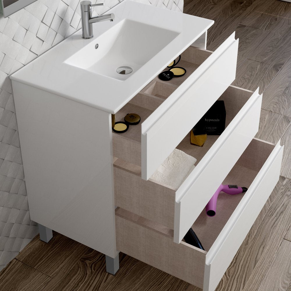 32" White Wood Freestanding Bathroom Vanity With White Sink And Three Drawers