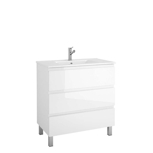 32" White Wood Freestanding Bathroom Vanity With White Sink And Three Drawers