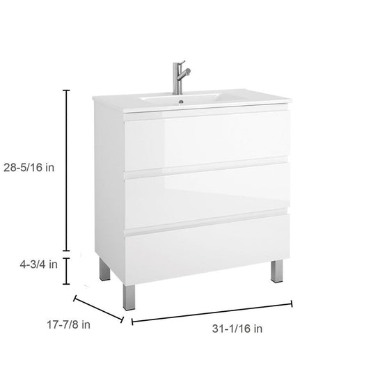 32" White Wood Freestanding Bathroom Vanity With White Sink And Three Drawers