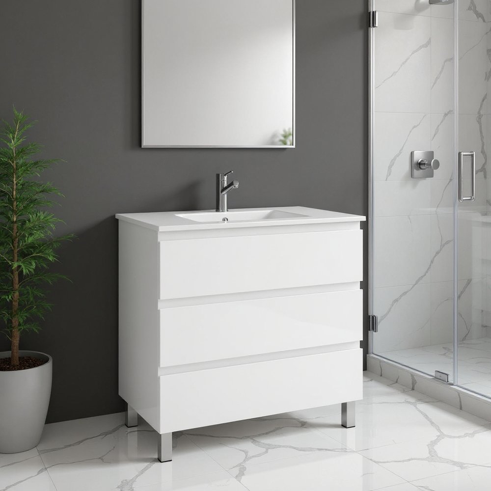 32" White Wood Freestanding Bathroom Vanity With White Sink And Three Drawers