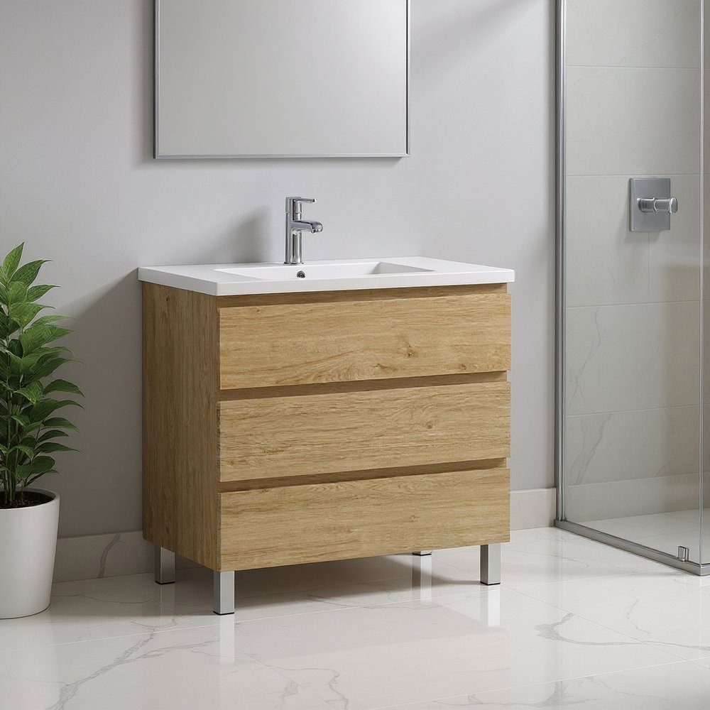 32" Oak Wood Freestanding Bathroom Vanity With White Sink And Three Drawers