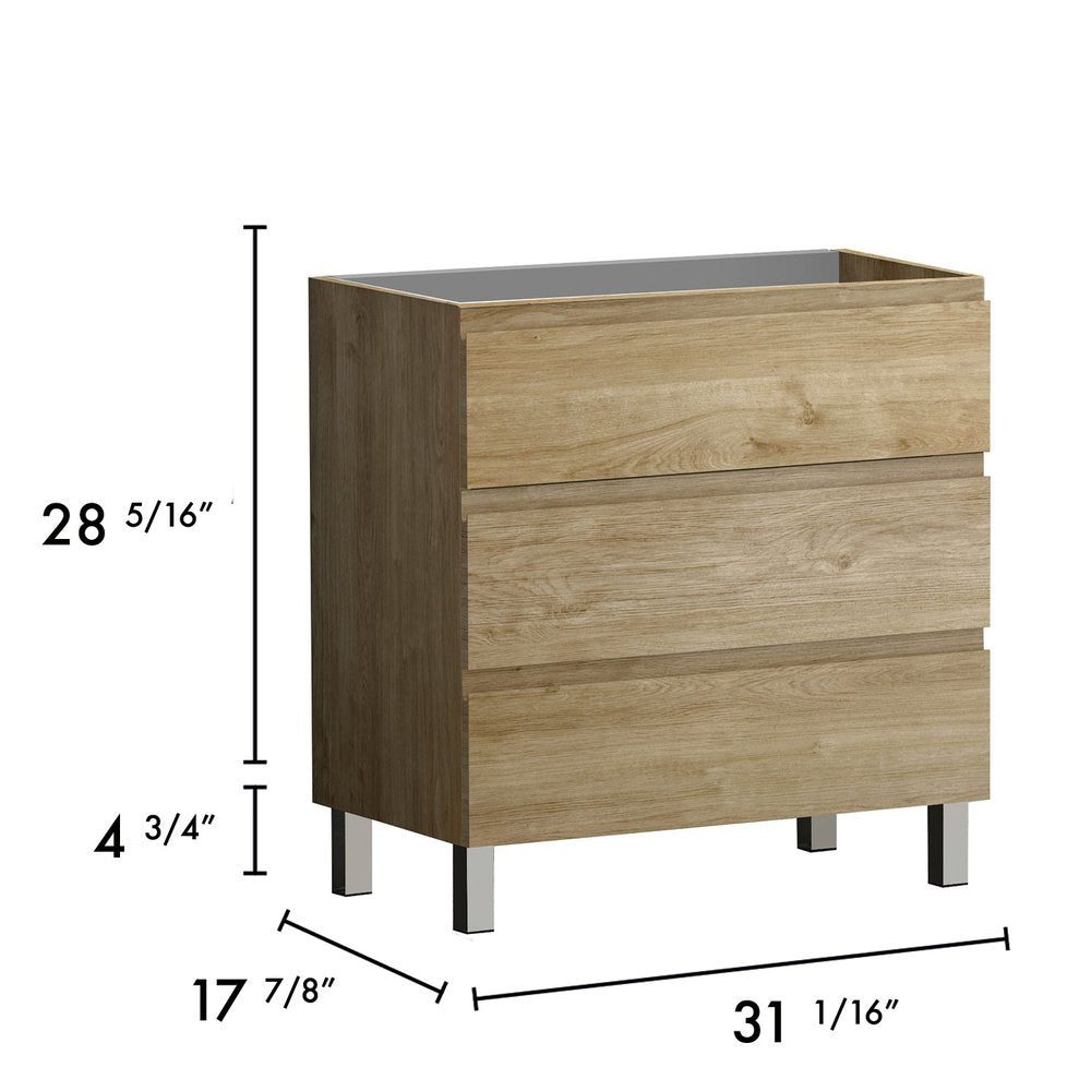 32" Oak Wood Freestanding Bathroom Vanity With White Sink And Three Drawers
