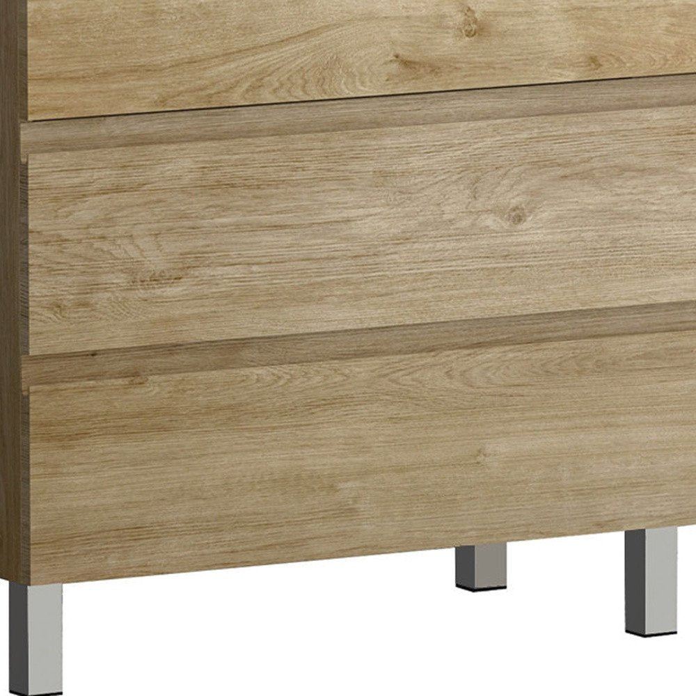 32" Oak Wood Freestanding Bathroom Vanity With White Sink And Three Drawers