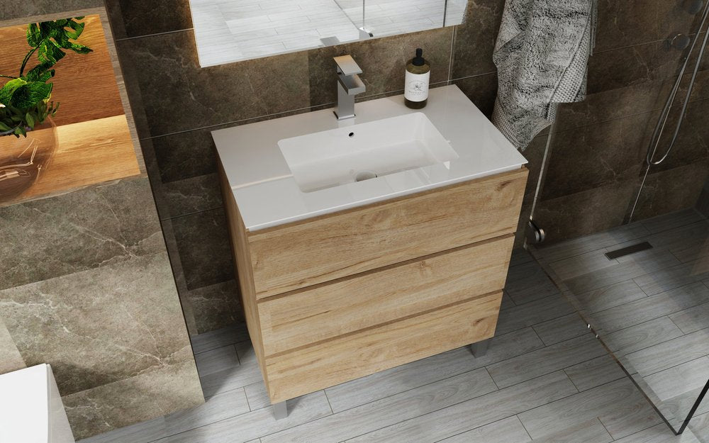 32" Oak Wood Freestanding Bathroom Vanity With White Sink And Three Drawers
