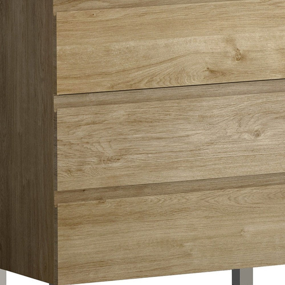 32" Oak Wood Freestanding Bathroom Vanity With White Sink And Three Drawers