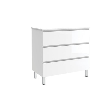 36" White Wood Freestanding Bathroom Vanity With White Sink And Three Drawers