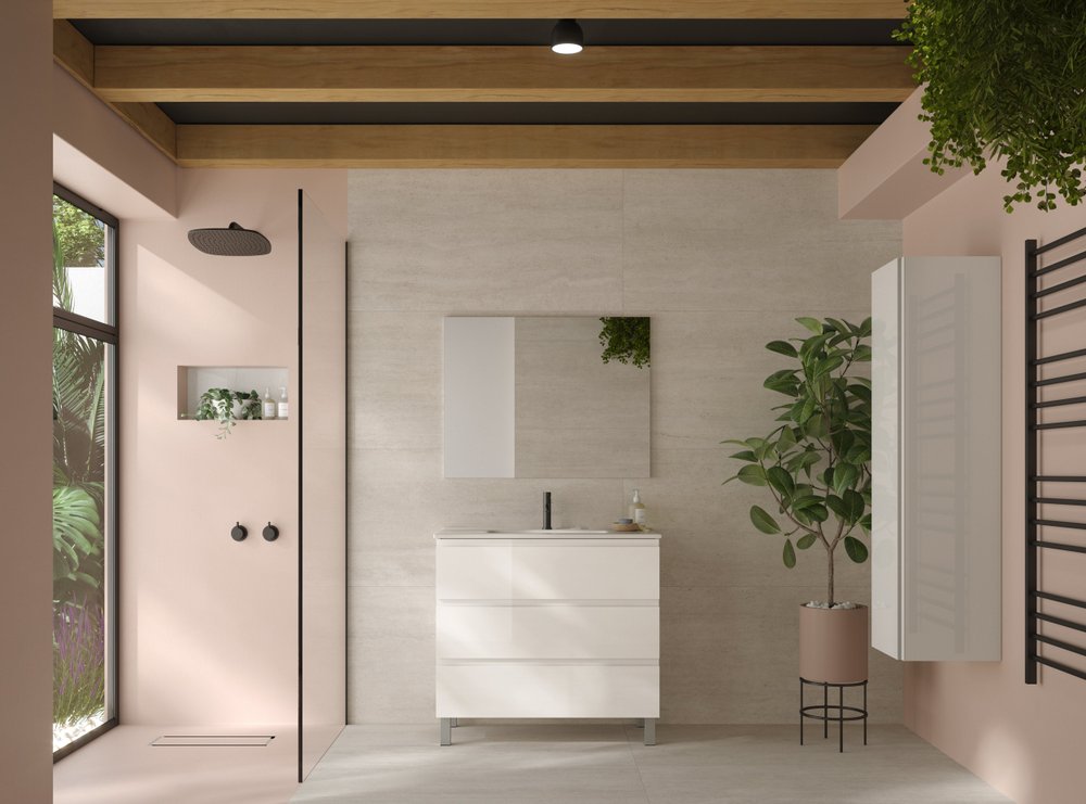 36" White Wood Freestanding Bathroom Vanity With White Sink And Three Drawers