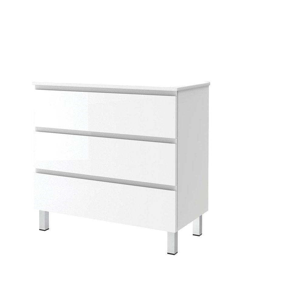 36" White Wood Freestanding Bathroom Vanity With White Sink And Three Drawers