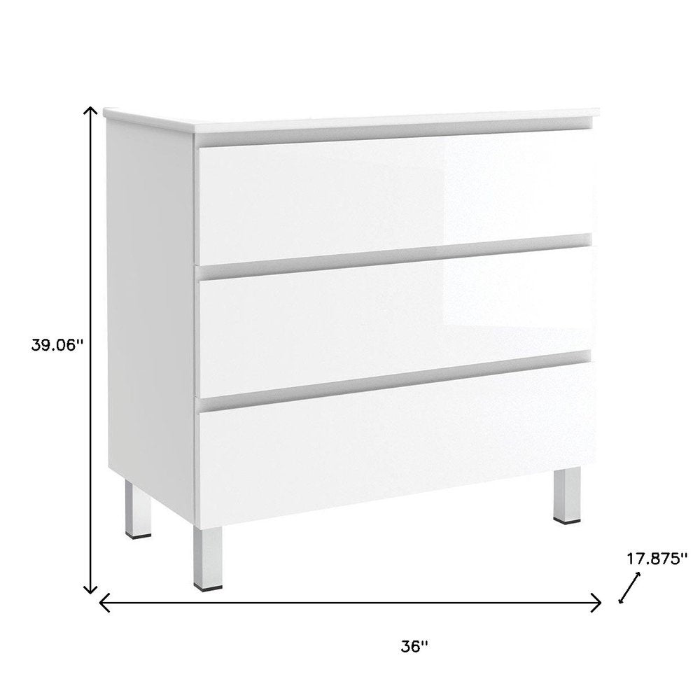 36" White Wood Freestanding Bathroom Vanity With White Sink And Three Drawers