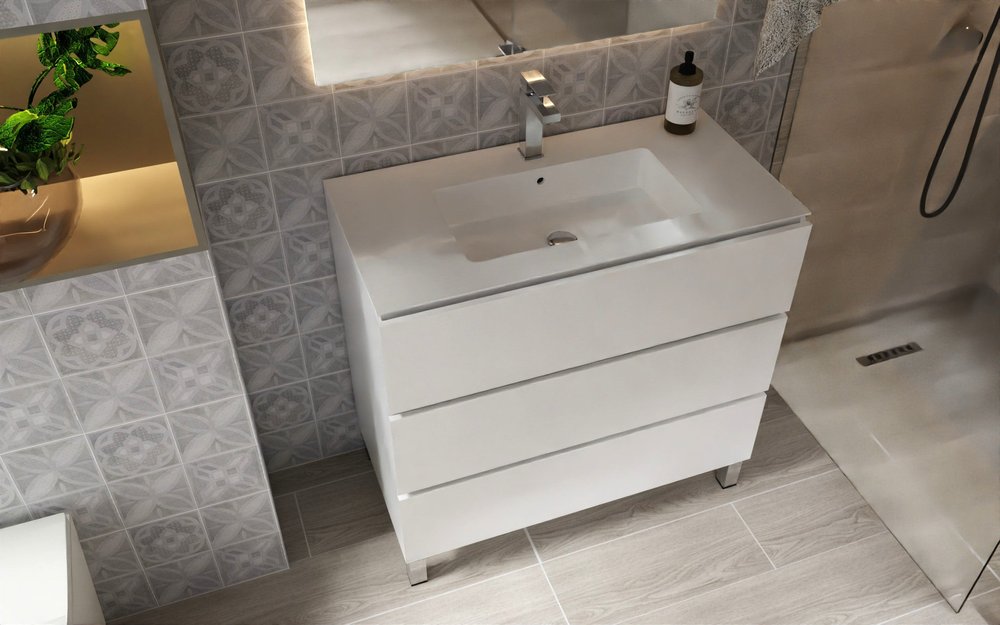 36" White Wood Freestanding Bathroom Vanity With White Sink And Three Drawers