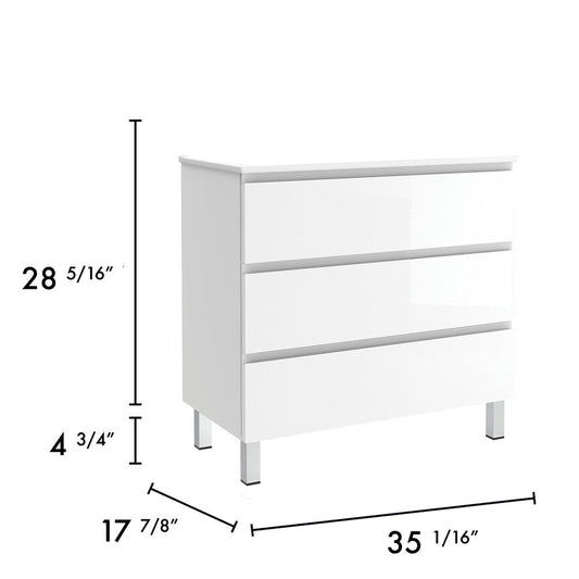 36" White Wood Freestanding Bathroom Vanity With White Sink And Three Drawers