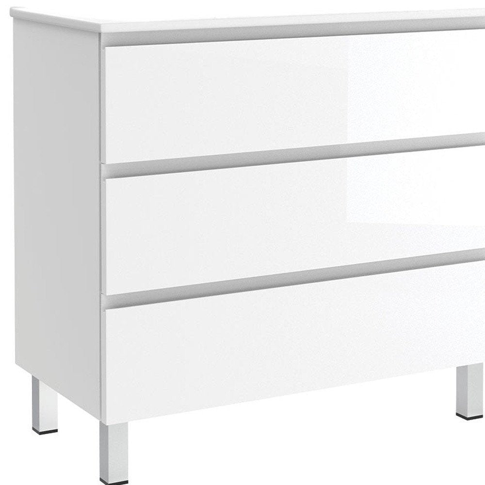 36" White Wood Freestanding Bathroom Vanity With White Sink And Three Drawers