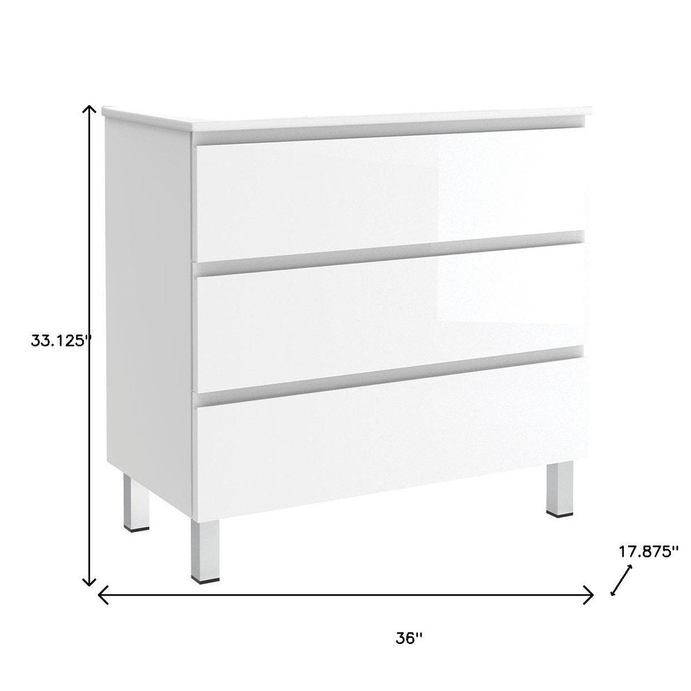36" White Wood Freestanding Bathroom Vanity With White Sink And Three Drawers