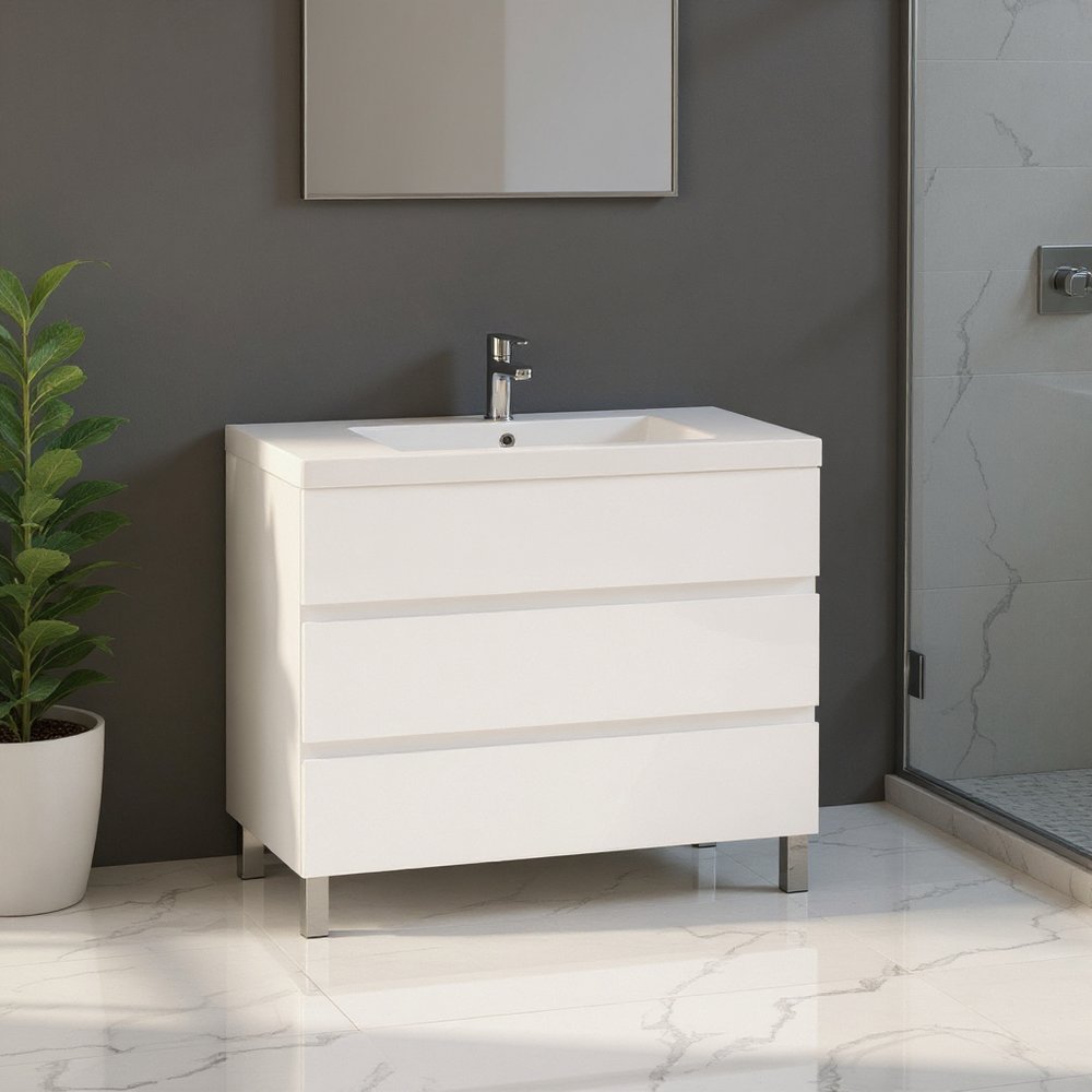 40" White Wood Freestanding Bathroom Vanity With White Sink And Three Drawers