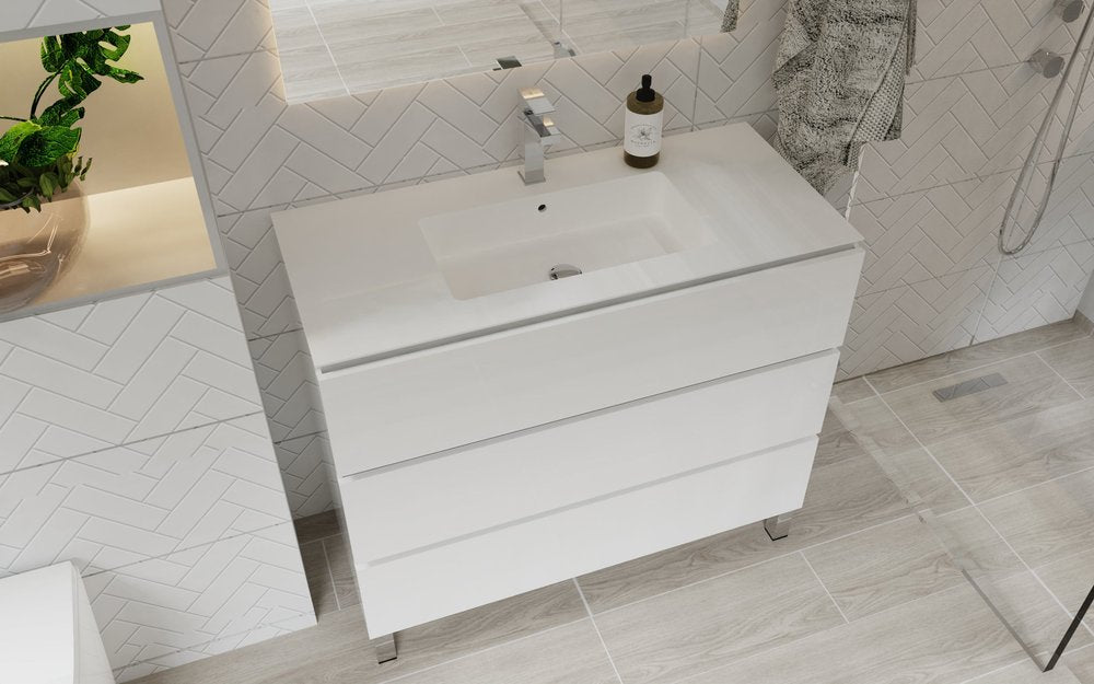 40" White Wood Freestanding Bathroom Vanity With White Sink And Three Drawers