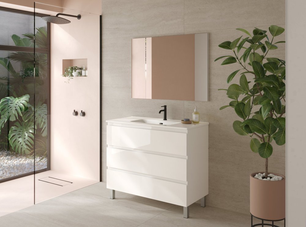 40" White Wood Freestanding Bathroom Vanity With White Sink And Three Drawers