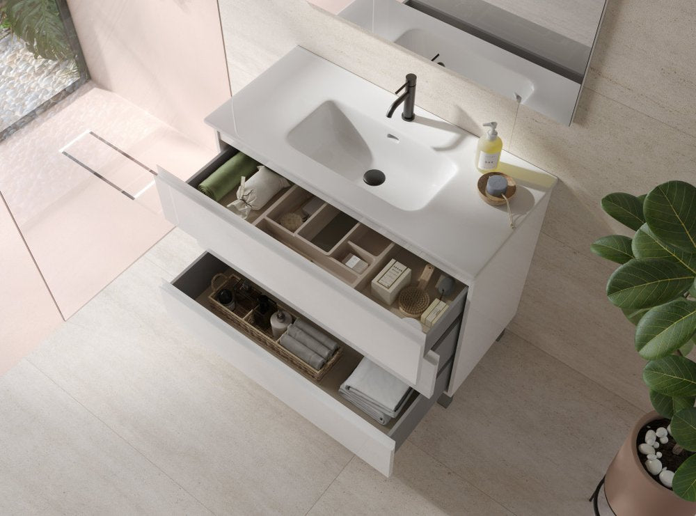 40" White Wood Freestanding Bathroom Vanity With White Sink And Three Drawers